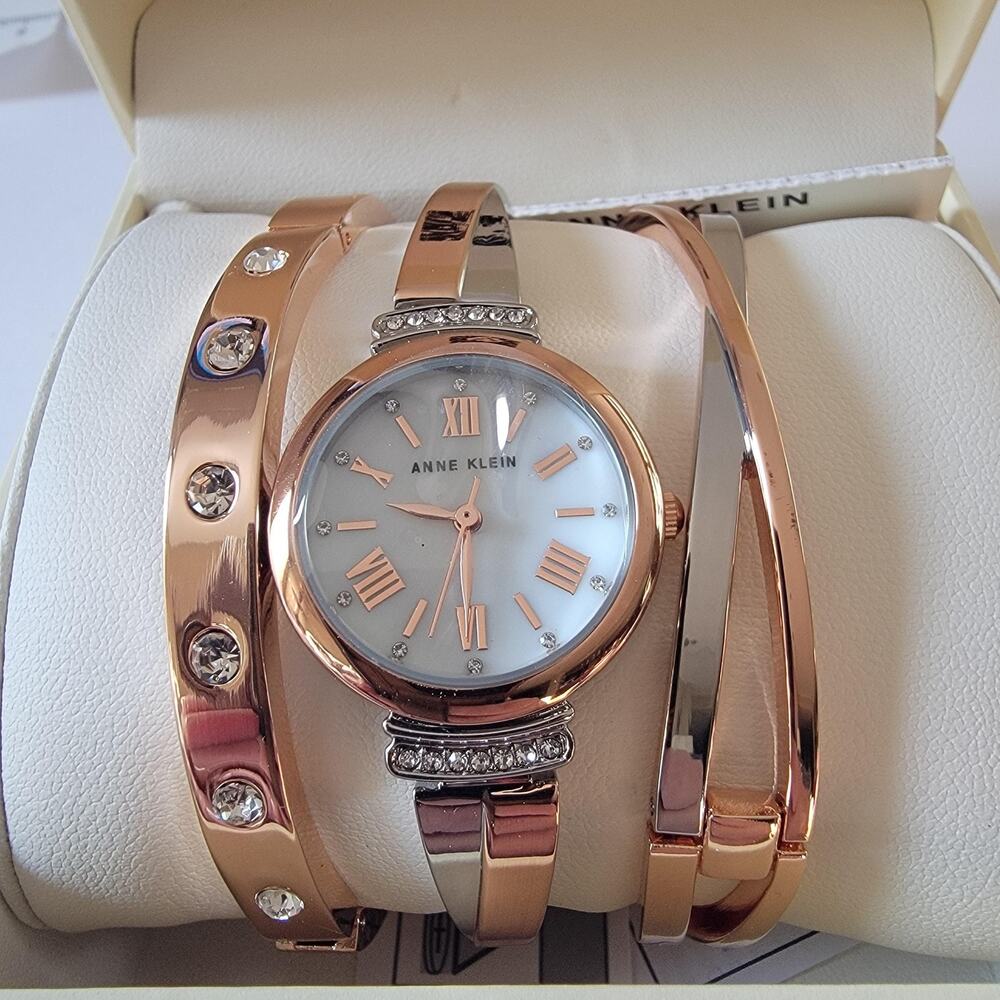 Anne Klein Rose Gold Watch Bracelet Set Women White Dial Roman Numerals Box Gift